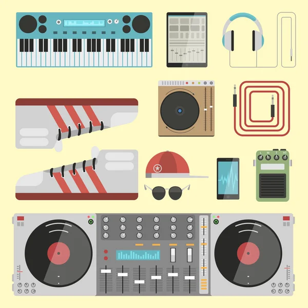 Hip hop accesorio músico instrumentos breakdance expresivo rap música dj vector ilustración . — Vector de stock