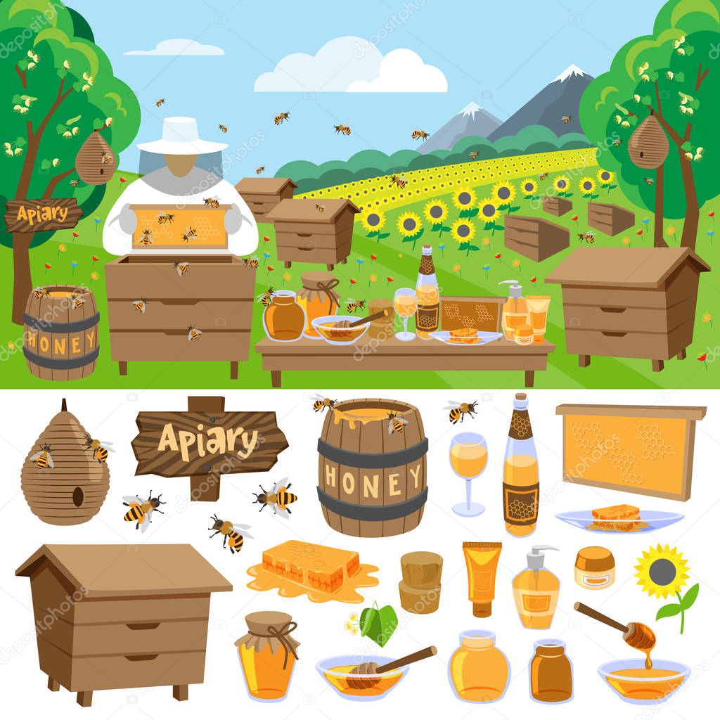 Apiary farm vector honey making icons illustration