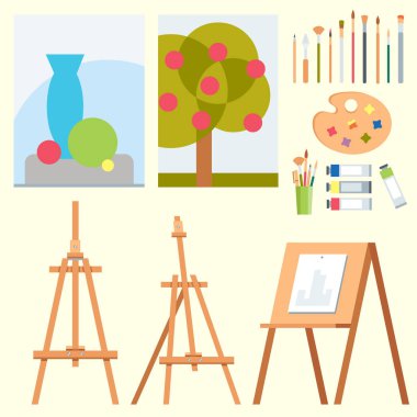 Sanat araçları resim simgeleri ayrıntıları Kırtasiye yaratıcı boya ekipmanları vektör sanatçı enstrüman düz.