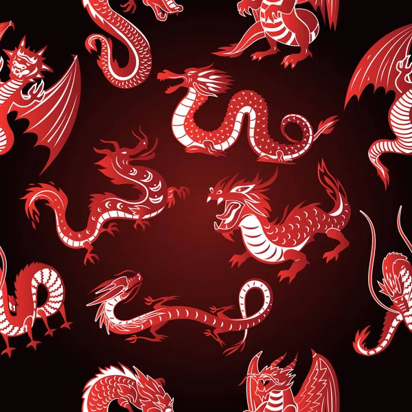 China asia rojo dragón animal siluetas en fondo blanco vector sin costuras patrón de fondo — Archivo Imágenes Vectoriales
