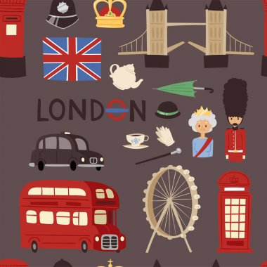 Londra seyahat simgeler İngilizce set şehir Avrupa Kültür İngiltere turizm İngiltere'de geleneksel vektör Dikişsiz desen arka plan bayrak