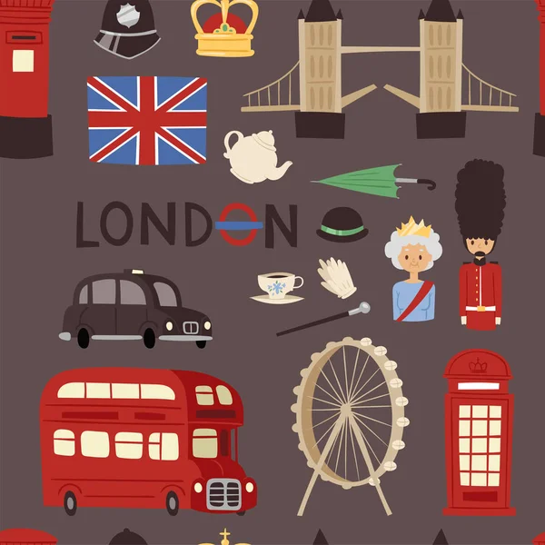 London travel icons english set city flag europe culture britain tourism england traditional vector seamless pattern background — Stock Vector