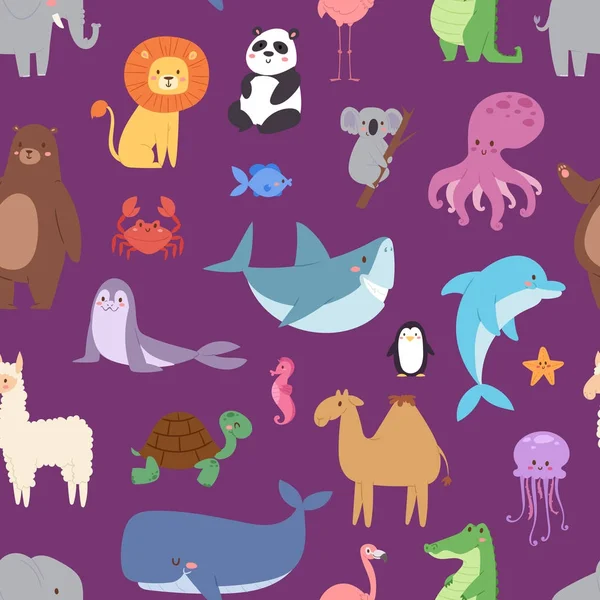 Animales de dibujos animados fauna fondo de pantalla zoológico personajes salvajes fondo para niños ilustración vector patrón sin costuras — Archivo Imágenes Vectoriales