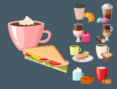 Tatlı Fındıklı kek lezzetli kek kahve fincanı sabah ekmek tatlı pasta taze içki kapuçino vektör çizim