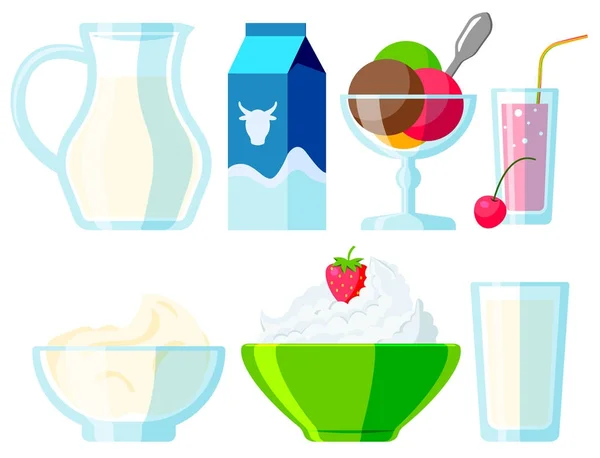 Biologische zuivel zuivelproducten drinken fles gezonde yoghurt crème voeding boerderij calcium ontbijt vectorillustratie. — Stockvector