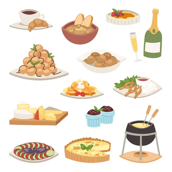 Cucina francese cibo tradizionale pasto delizioso cena sana pranzo continentale francese gourmet piatto vettoriale illustrazione . — Vettoriale Stock