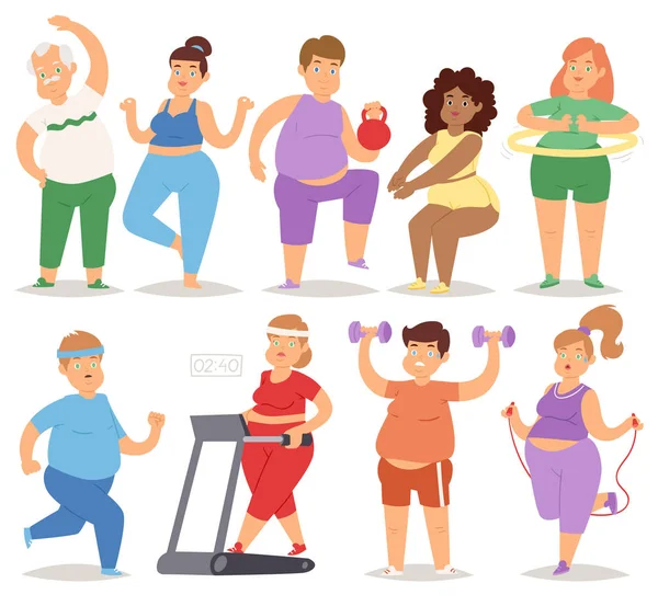 Fat άνθρωποι κάνουν άσκηση κατάρτιση γυμναστήριο γυμνασίου αθλητισμού λιπαρά τρόφιμα πλούσια χαρακτήρα προπόνηση εικονογράφηση φορέα. — Διανυσματικό Αρχείο