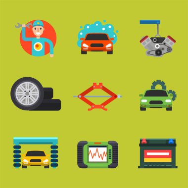 Otomatik araba tamir servisi sembolleri Dükkanı işçi bakım taşımacılık otomotiv mekanik vektör illüstrasyon izole.