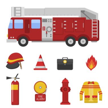 Yangın emniyet donanımları acil durum araçları itfaiye güvenli tehlike kaza koruma vektör çizim.