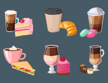 Tatlı Fındıklı kek lezzetli kek kahve fincanı sabah ekmek tatlı pasta taze içki kapuçino vektör çizim