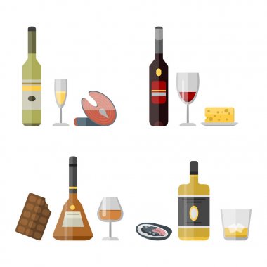 Alkol içki içecekler kokteyl meze şişe bira konteyner sarhoş farklı atıştırmalıklar gözlük vektör çizim.