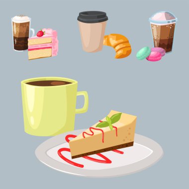 Tatlı Fındıklı kek lezzetli kek kahve fincanı sabah ekmek tatlı pasta taze içki kapuçino vektör çizim