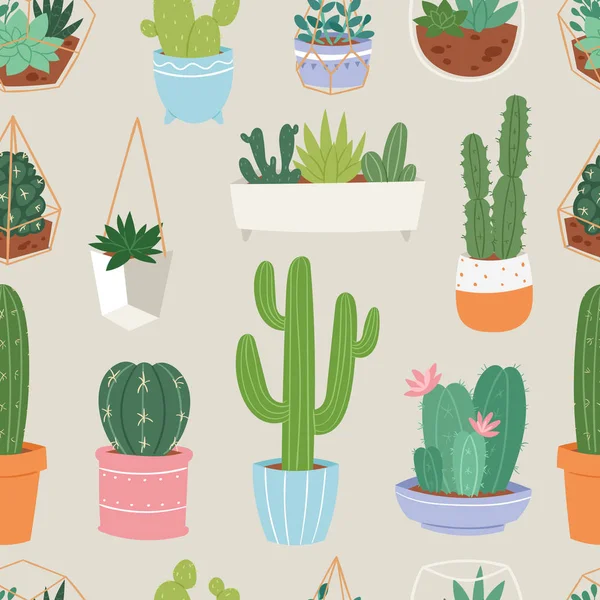 Cactus och saftiga blomma grön hem växten sömlösa mönster blommig illustration. — Stock vektor