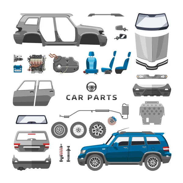 Auto parti di servizio piatto auto meccanico riparazione di macchine e attrezzature vettoriale illustrazione — Vettoriale Stock