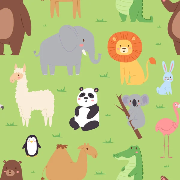 Karikatür hayvanlar yaban hayatı duvar kağıdı zoo vahşi karakterler için arka plan çocuklar illüstrasyon vektör seamless modeli c ile — Stok Vektör