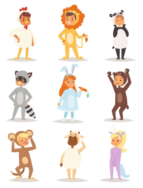 Děti nosit maškarní kostýmy zvířata maškarní děti dovolené znaky vektorové ilustrace. — Stockový vektor