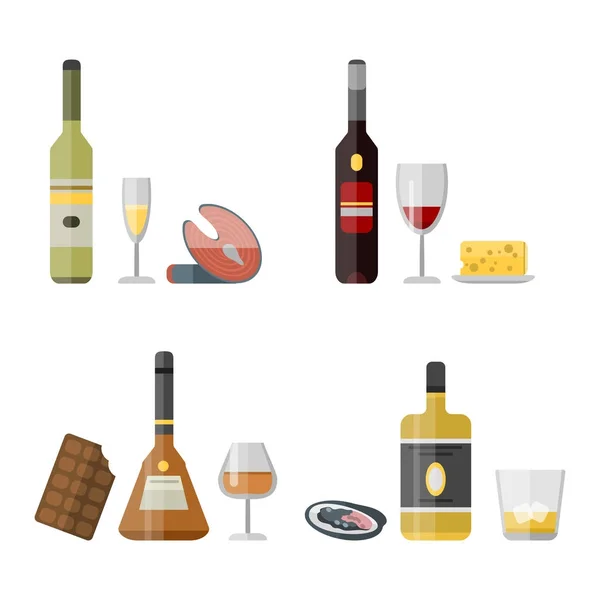 Alcohol dranken dranken cocktail voorgerecht fles pils container dronken verschillende snacks glazen vectorillustratie. — Stockvector