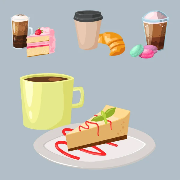Dolce nocciola muffin deliziosa torta caffè tazza mattina pasticceria dolce fresco bere cappuccino vettore illustrazione — Vettoriale Stock