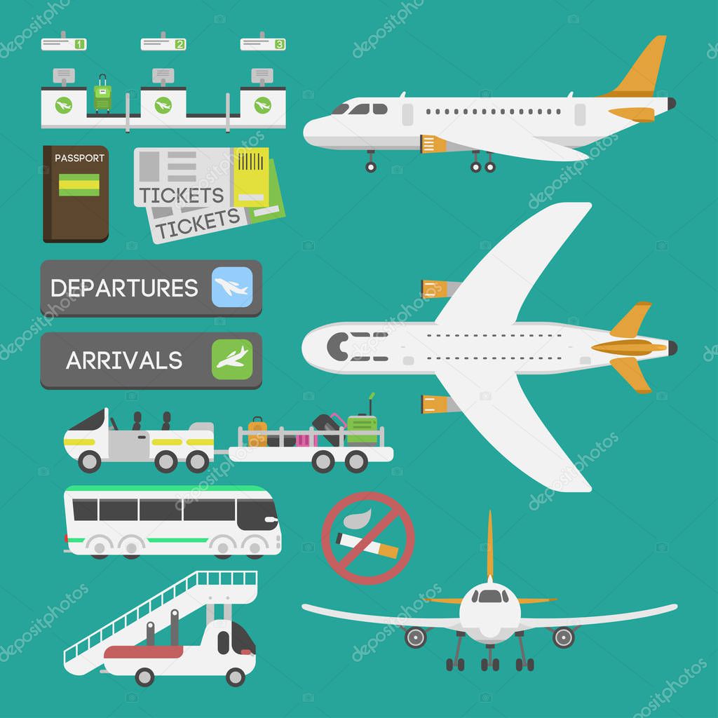 Plane airport transport symbols flat design illustration station concept air port symbols departure luggage plane business vector