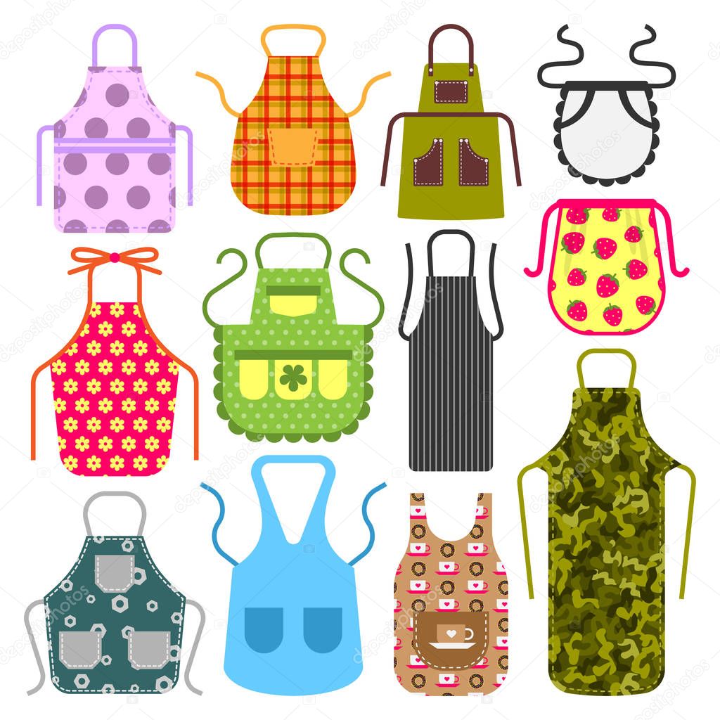 Food cooking apron kitchen design clothes housewife uniform chef cook protective textile cotton apparel vector illustration