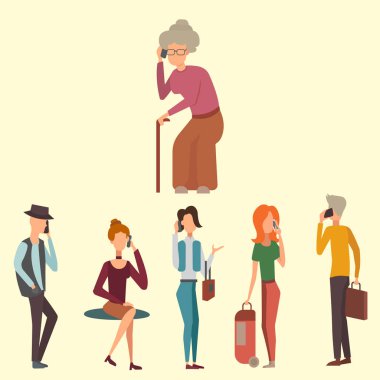 Telefon aygıtları ile modaya uygun düz insanlar Merhaba teknoloji teknoloji vektör çizim kullanarak karakter grubu.