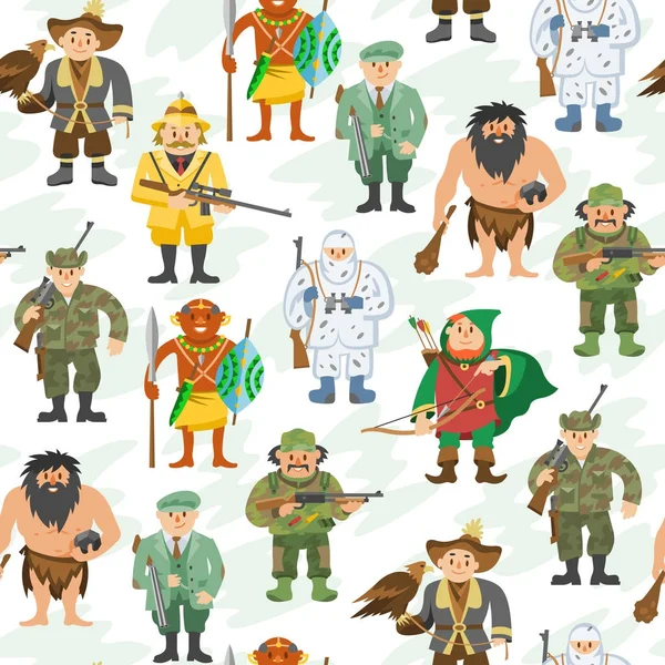 Chasseurs vectoriel illustration dessin animé style différents engins chasseur personnages visant homme personnes sans couture motif arrière-plan — Image vectorielle