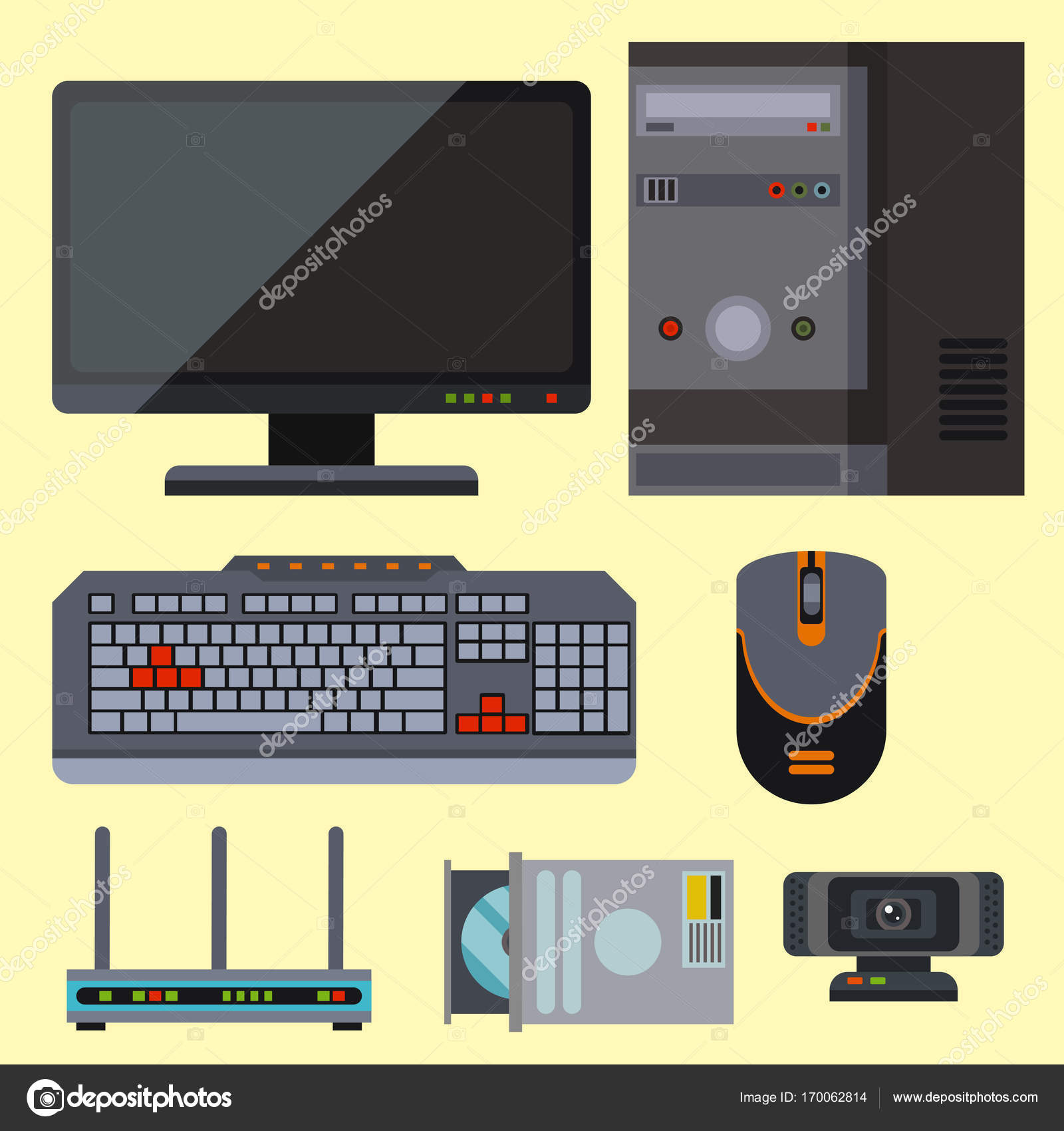 Computer network component accessories various electronics devices and desktop pc processor hardware memory card vector illustration. Stock Illustration by ©VectorShow #170062814