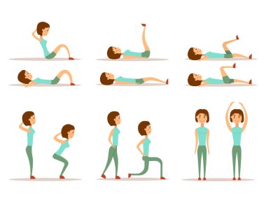 Genç kadın evde fitness karakter egzersiz sağlıklı yaşam ve beslenme kavramı vektör çizim egzersiz.