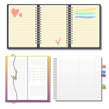 Açık gerçekçi defter sayfaları günlüğü office sayfa şablonu kitapçık ve boş kağıt eğitim boşaltmak Organizatör vektör çizim ile kümesi.