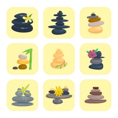 Piramit deniz çakıl üzerinden rahatla yığın taşlar sağlıklı sağlık siyah masaj meditasyon doğal aracı spa denge terapi zen vektör çizim.