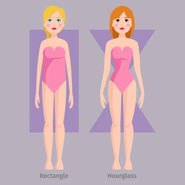 Vector illustration of different body shape types characters standing beauty figure cartoon model. — Stock Vector