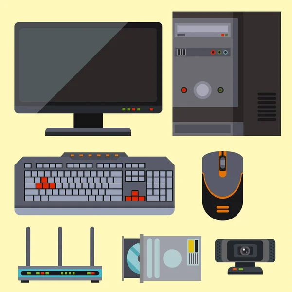 Accesorios de componentes de red de piezas de computadora varios dispositivos electrónicos y PC de escritorio unidad de procesador de hardware tarjeta de memoria vector ilustración . — Archivo Imágenes Vectoriales