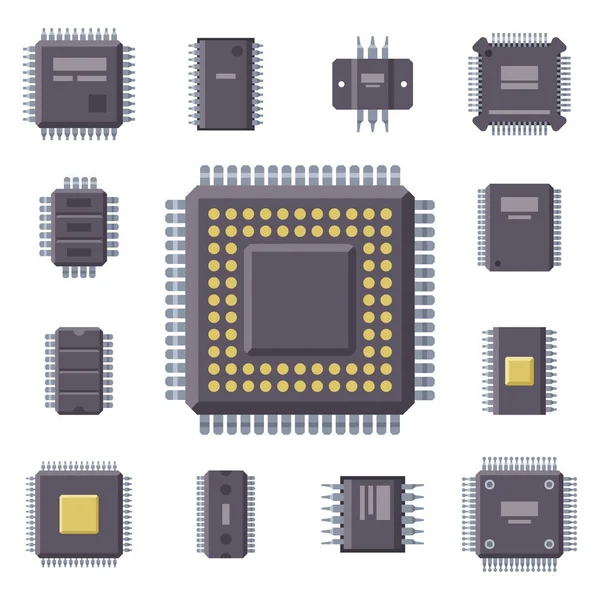 Процесорні мікропроцесори мікрочіпи Векторні ілюстрації обладнання компонентів . — стоковий вектор