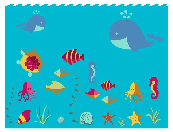 Elementos animales náuticos ola océano azul marino vector ilustración . — Vector de stock