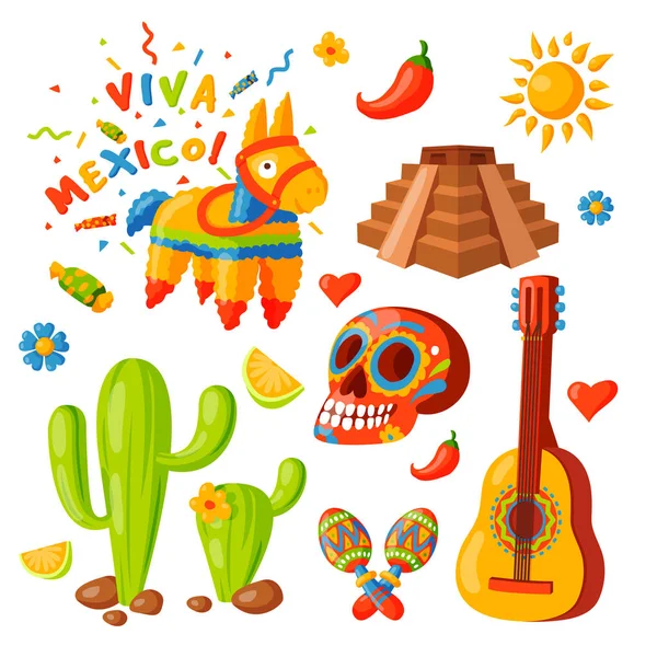 Mexiko ikony vektorové ilustrace tradiční grafické cestování tequila alkoholu fiesta nápoj etnika Aztécký maraca sombrero. — Stockový vektor