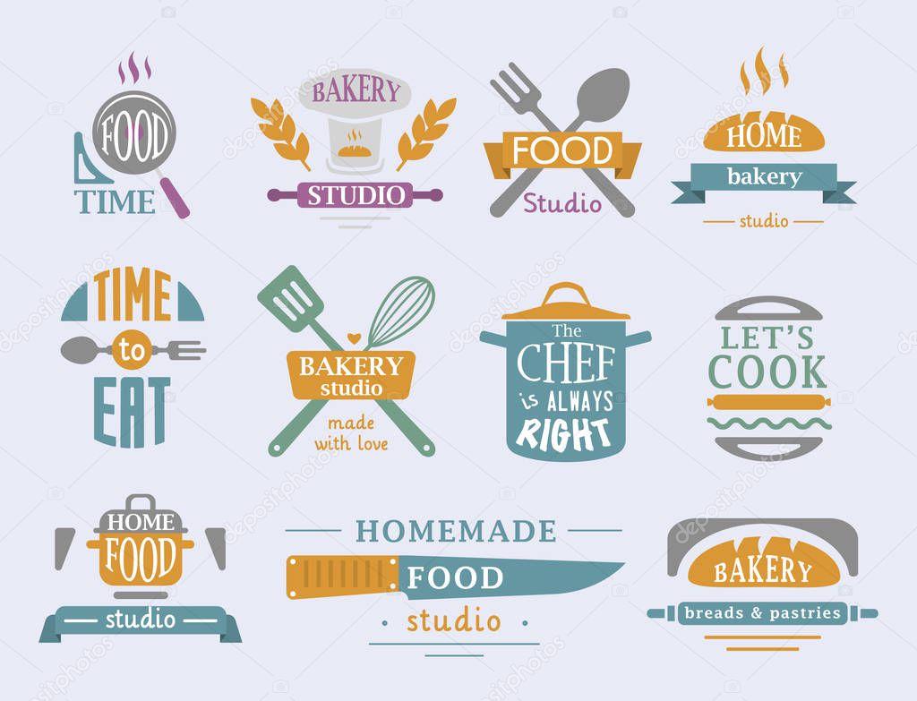 Cooking badge motivation text vector illustration bakery shop food logos typography and labels design elements. Tasty hight quality cafeteria menu vintage template emblem.