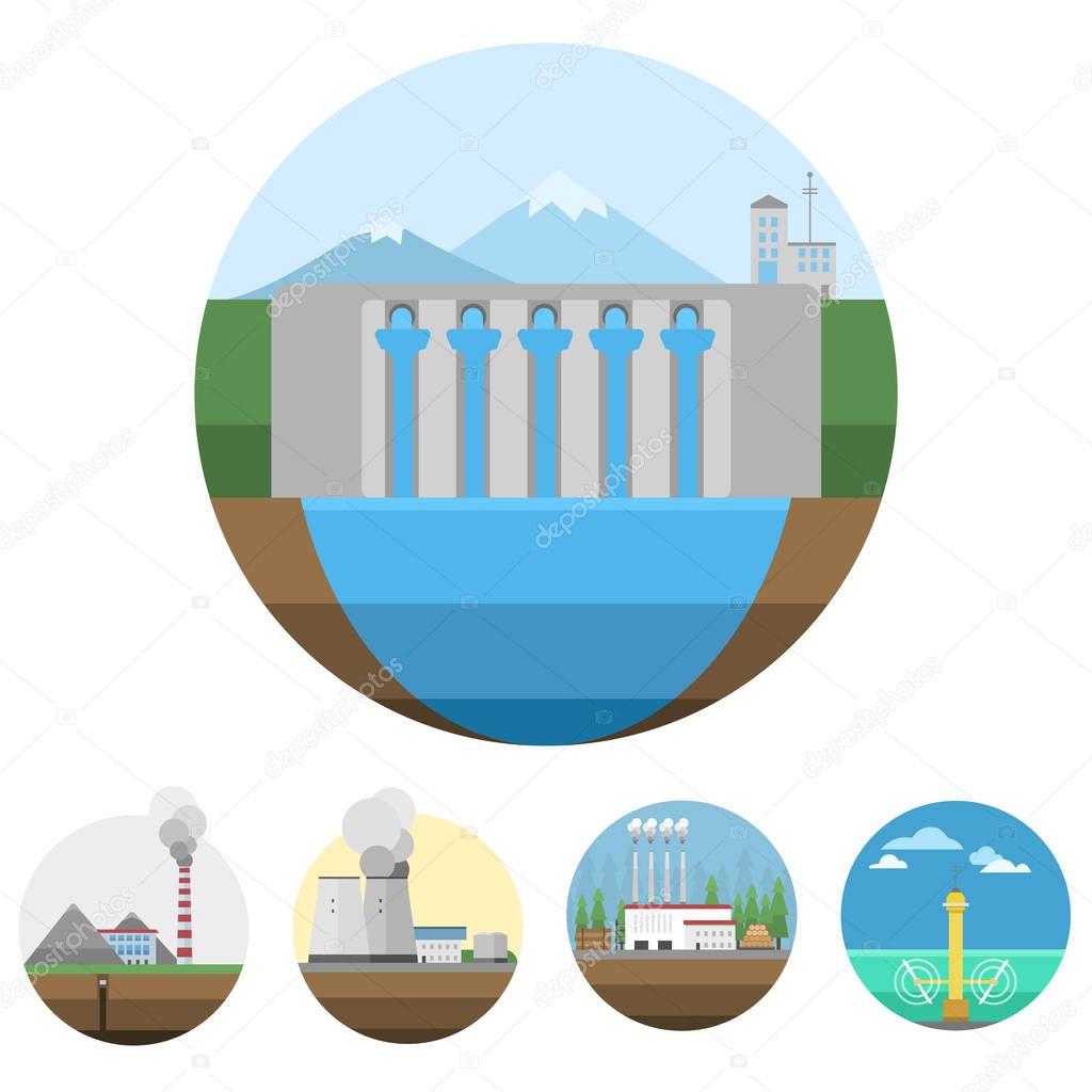 Generation energy types power plant icons vector renewable alternative solar wave illustration