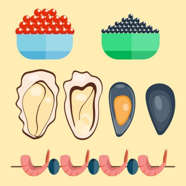 Taze deniz ürünleri düz vektör çizim gurme lezzetli restoran yemek gurme deniz gıda yemek balık.