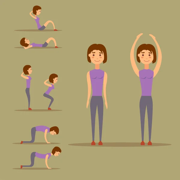 Jeune femme fait de l'exercice à la maison fitness caractère séance d'entraînement mode de vie sain et alimentation concept illustration vectorielle . — Image vectorielle