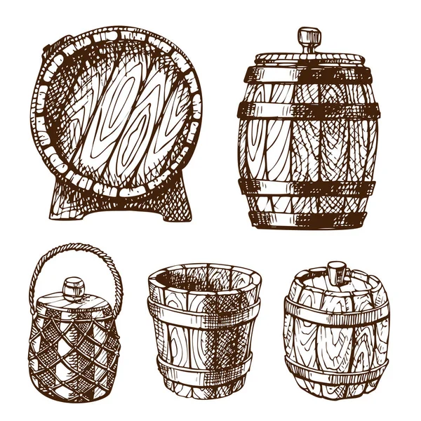 Baril en bois vintage vieux croquis dessiné à la main récipient de stockage boisson liquide fermentation distillerie cargaison tambour lager vecteur illustration . — Image vectorielle