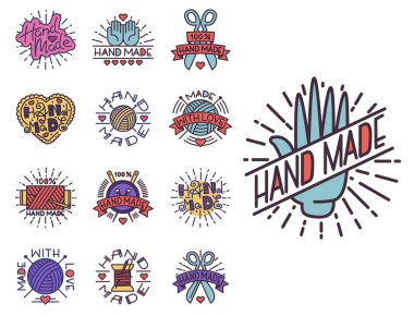 El yapımı iğne işi craft dikiş moda terzi el sanatları öğeleri vektör çizim terzilik rozetleri.