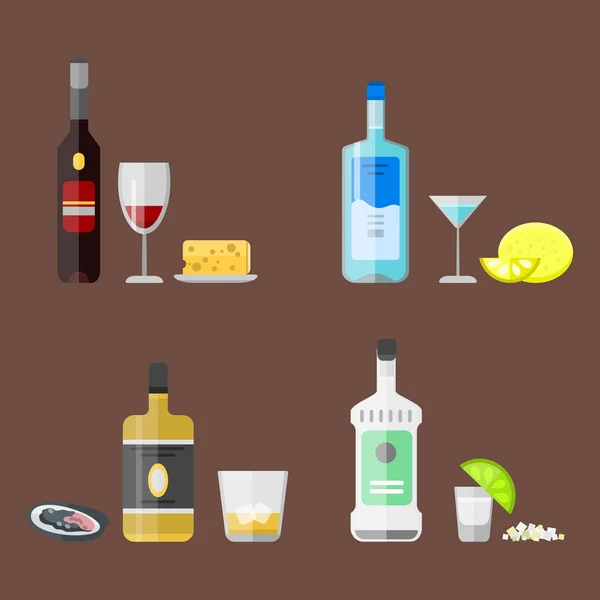 Alcohol dranken dranken cocktail voorgerecht fles pils container dronken verschillende snacks glazen vectorillustratie. — Stockvector