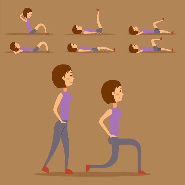 Mladá žena je domácí cvičení fitness charakter cvičení zdravé bydlení a stravu koncept vektorové ilustrace. — Stockový vektor