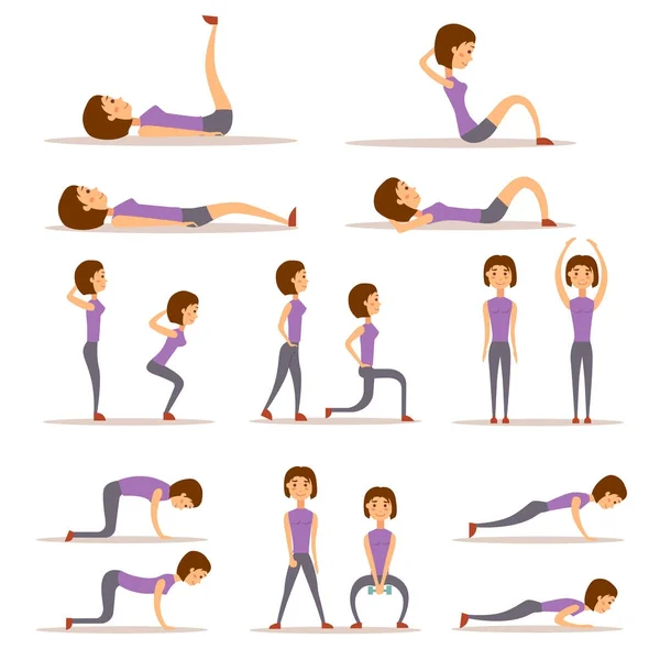 Mujer joven está haciendo ejercicio en el hogar fitness carácter entrenamiento vida sana y dieta concepto vector ilustración . — Archivo Imágenes Vectoriales