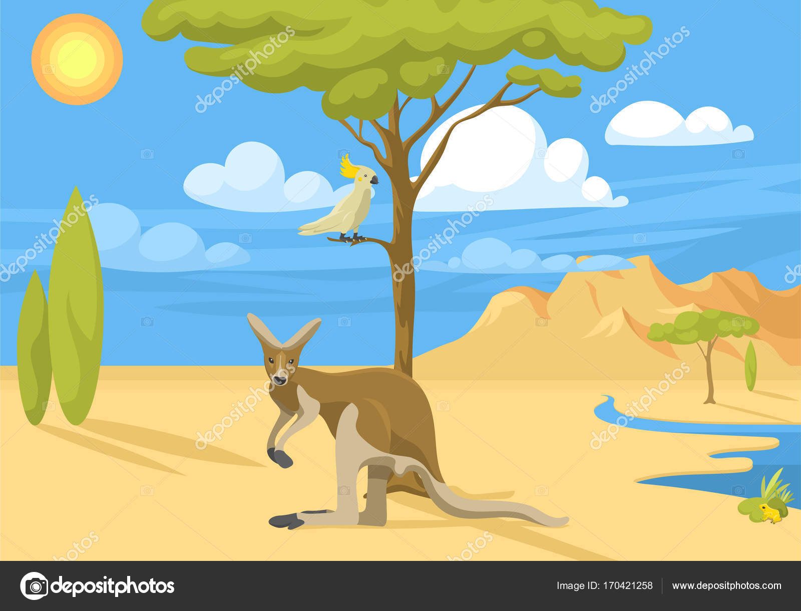 Australske villlandskap - landskapsdyr - tegnefilm - populær natur - flat  stil - australsk naturlig naturlig forekommende skogvektorillustrasjon .  stockvektor © VectorShow #170421258, image size:1600x1220