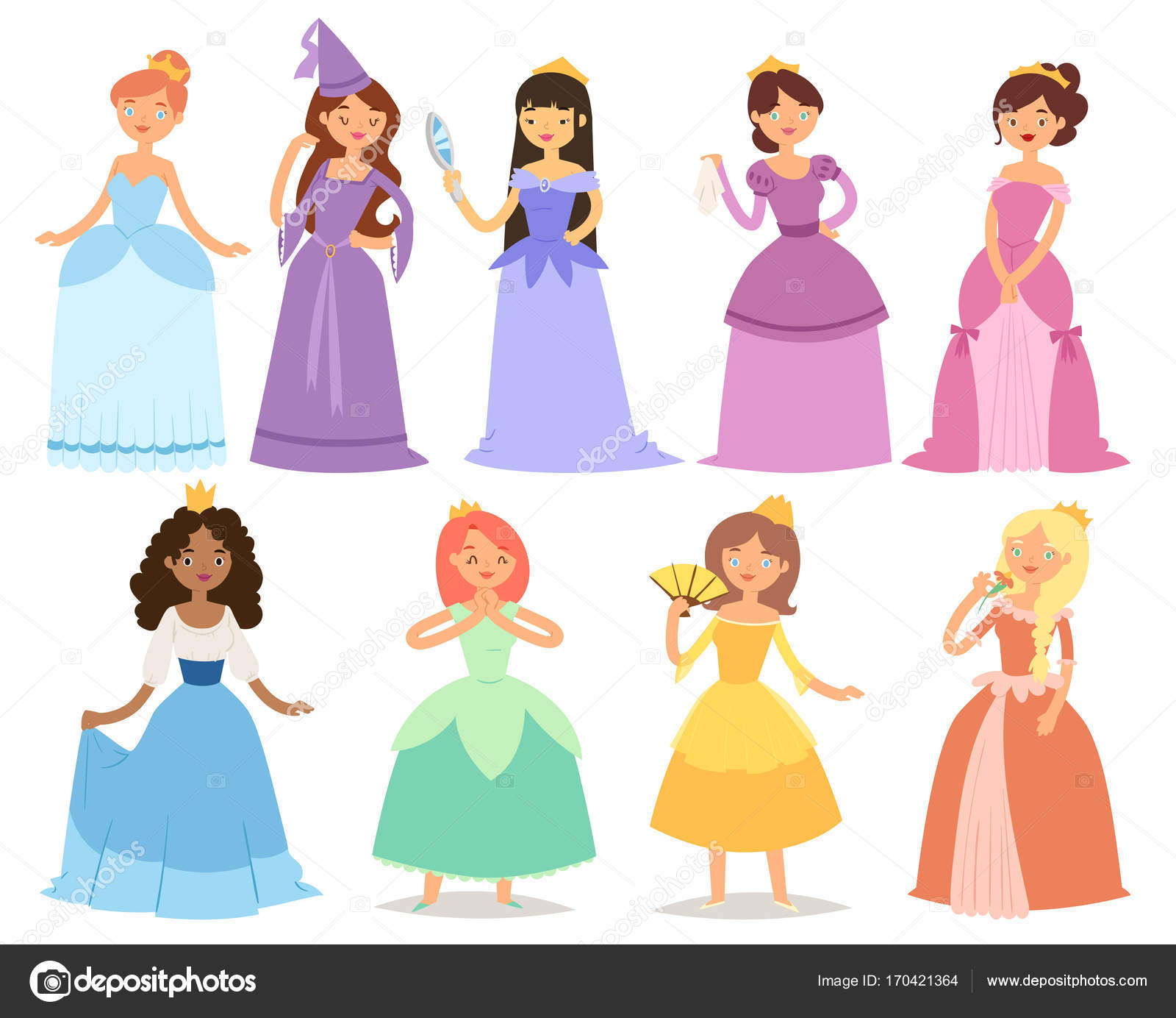 Cartoon girl princess characters different fairy-tale clothes dress cute  adorble girls vector illustration. Stock Vector Image by ©VectorShow  #170421364