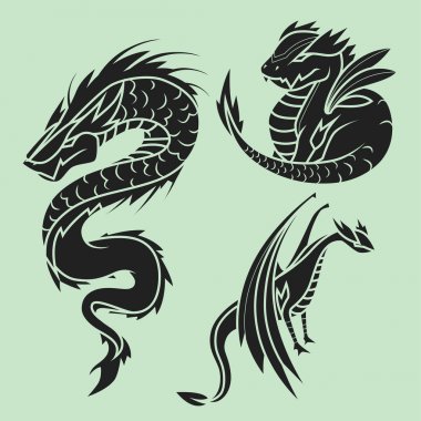 Çince ejderha siluetleri mitoloji kuyruk canavar sihirli simge Asya hayvan sanat vektör çizim dövme.