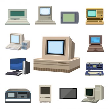 Bilgisayar teknoloji vektör evrim görüntülemek telekomünikasyon ekipman metal pc monitör çerçeve modern ofis ağı.