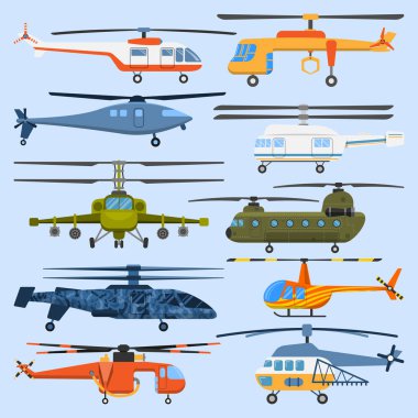 Helikopter hava taşıma pervane hava aracı modern Havacılık askeri sivil helikopter uçak vektör çizim düz tasarım uçan.