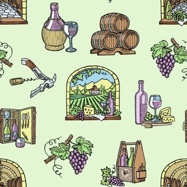 Şarap üretim mahzeni şaraphane bağcılık winey ürün alkol çiftlik üzüm vintage elle çizilmiş vektör çizim Dikişsiz desen arka plan